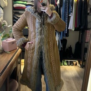 Tan Embroidered Long Jacket with Faux Fur Trim and Hood